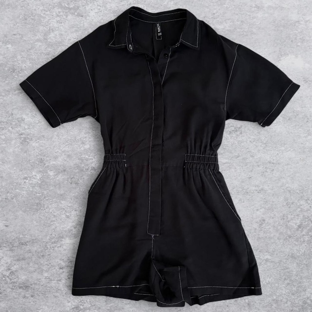 Brazilian Blue Steel Black Contrast Stitch Short Sleeve Utility Romper